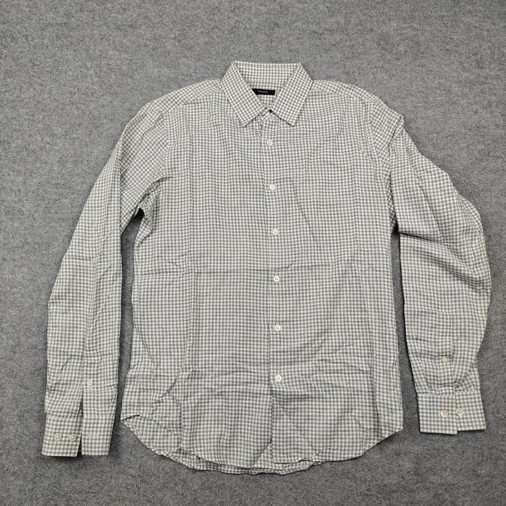 Theory Shirt Mens Small Gray Check Cotton Long Sleeve Button-Up Slim Fit